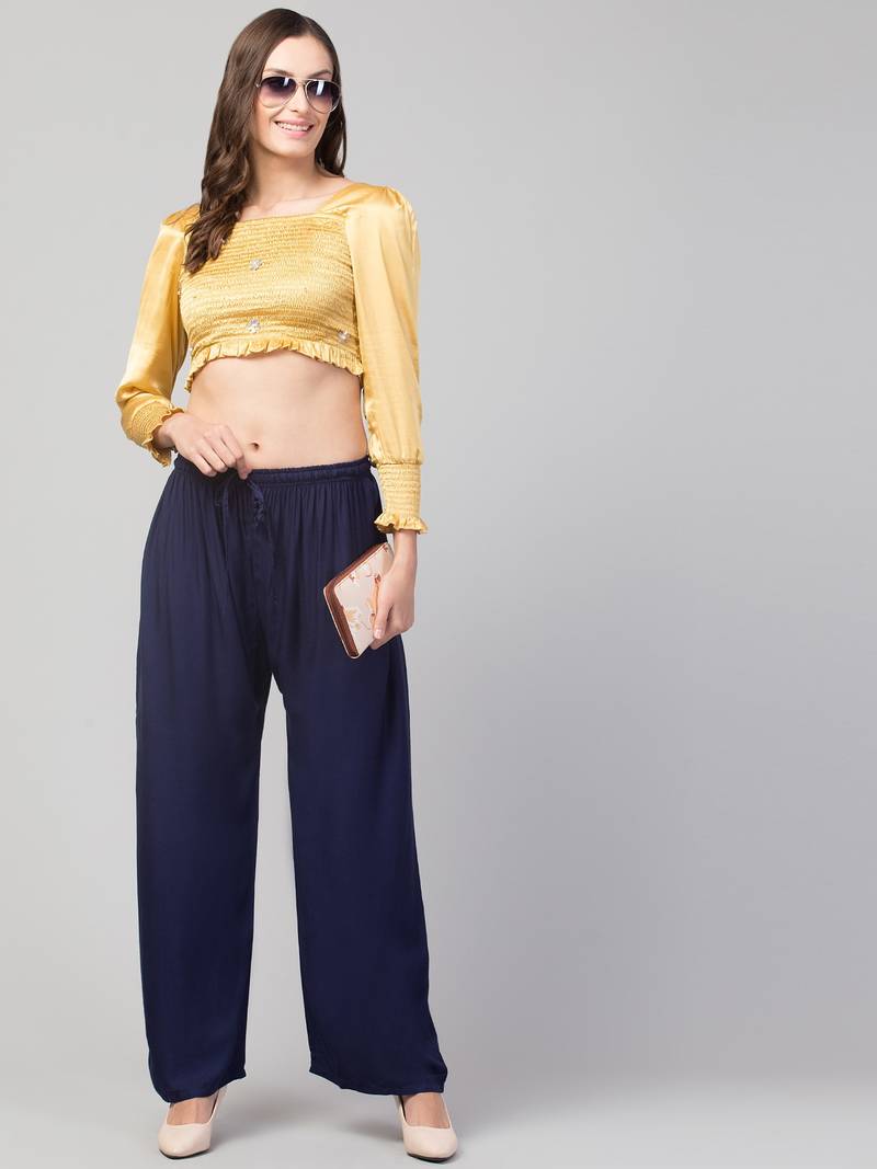 Women Navy Solid Relaxed Fit Palazzo with Elastic Drawstring