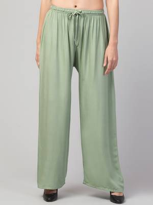 Women Olive Green Solid Relaxed Fit Palazzo with Elastic Drawstring 1