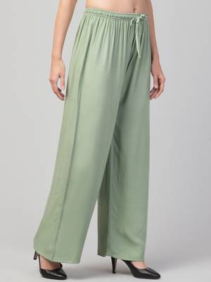 Women Olive Green Solid Relaxed Fit Palazzo with Elastic Drawstring 3
