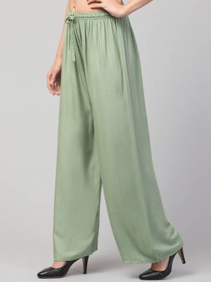 Women Olive Green Solid Relaxed Fit Palazzo with Elastic Drawstring 4