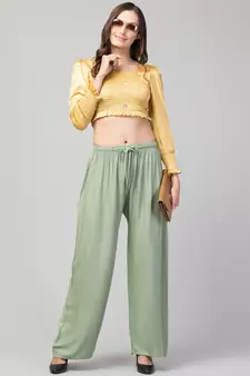 Women Olive Green Solid Relaxed Fit Palazzo with Elastic Drawstring