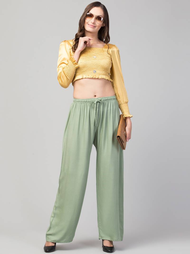 Women Olive Green Solid Relaxed Fit Palazzo with Elastic Drawstring