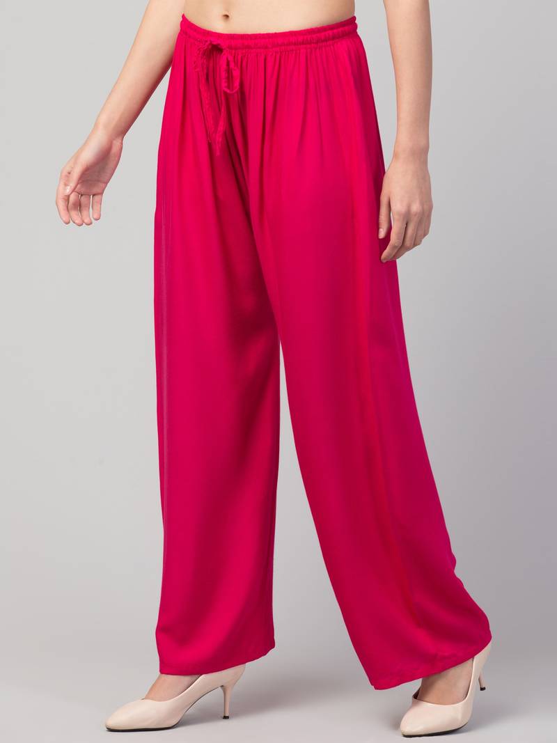 Women Pink Solid Relaxed Fit Palazzo with Elastic Drawstring