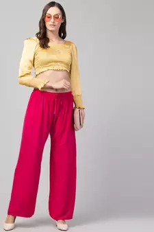 Women Pink Solid Relaxed Fit Palazzo with Elastic Drawstring