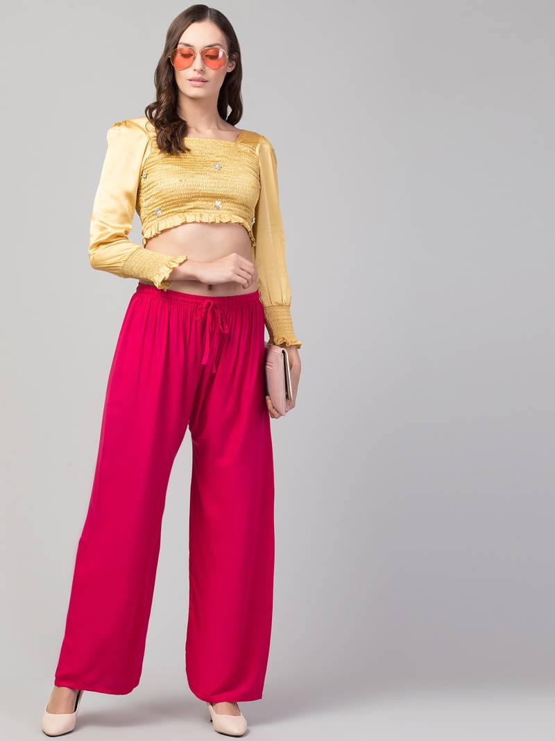Women Pink Solid Relaxed Fit Palazzo with Elastic Drawstring