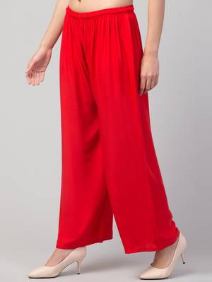 Women Red Solid Relaxed Fit Palazzo with Elastic Drawstring 4