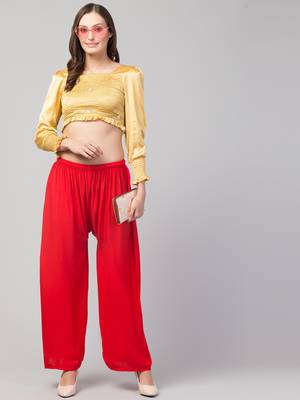 Women Red Solid Relaxed Fit Palazzo with Elastic Drawstring 5