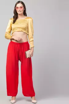 Women Red Solid Relaxed Fit Palazzo with Elastic Drawstring