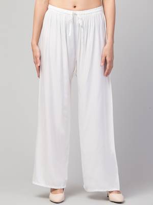 Women White Solid Relaxed Fit Palazzo with Elastic Drawstring 1