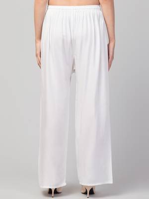 Women White Solid Relaxed Fit Palazzo with Elastic Drawstring 2