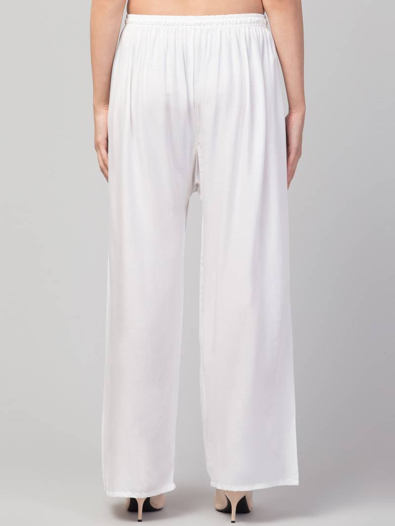 Women White Solid Relaxed Fit Palazzo with Elastic Drawstring