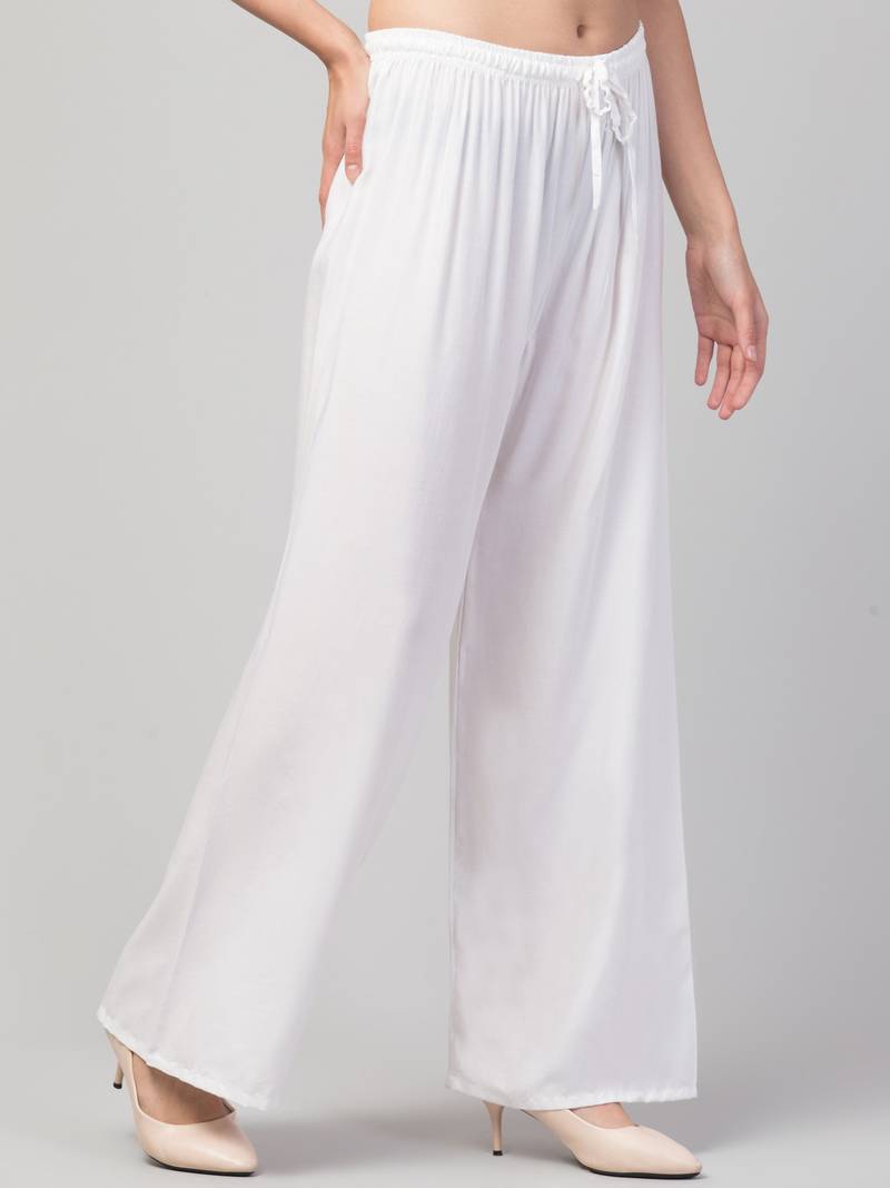 Women White Solid Relaxed Fit Palazzo with Elastic Drawstring