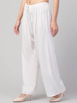 Women White Solid Relaxed Fit Palazzo with Elastic Drawstring 4