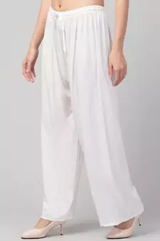 Women White Solid Relaxed Fit Palazzo with Elastic Drawstring