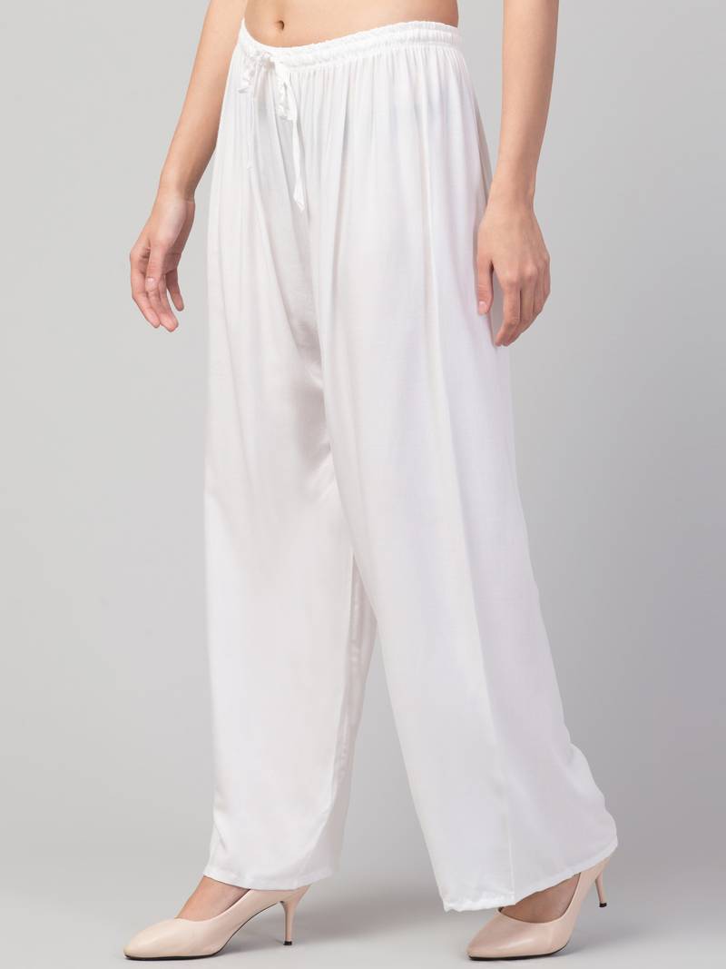Women White Solid Relaxed Fit Palazzo with Elastic Drawstring