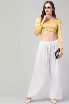 Women White Solid Relaxed Fit Palazzo with Elastic Drawstring