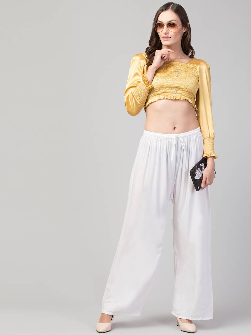 Women White Solid Relaxed Fit Palazzo with Elastic Drawstring