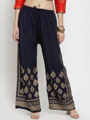 Women Flared Navy Rayon Palazzo Pant Free Size 1