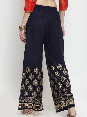 Women Flared Navy Rayon Palazzo Pant Free Size 2