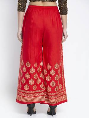 Women Flared Red Rayon Palazzo Pant Free Size 2
