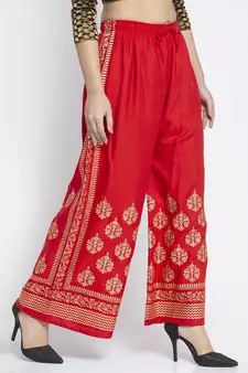 Women Flared Red Rayon Palazzo Pant Free Size