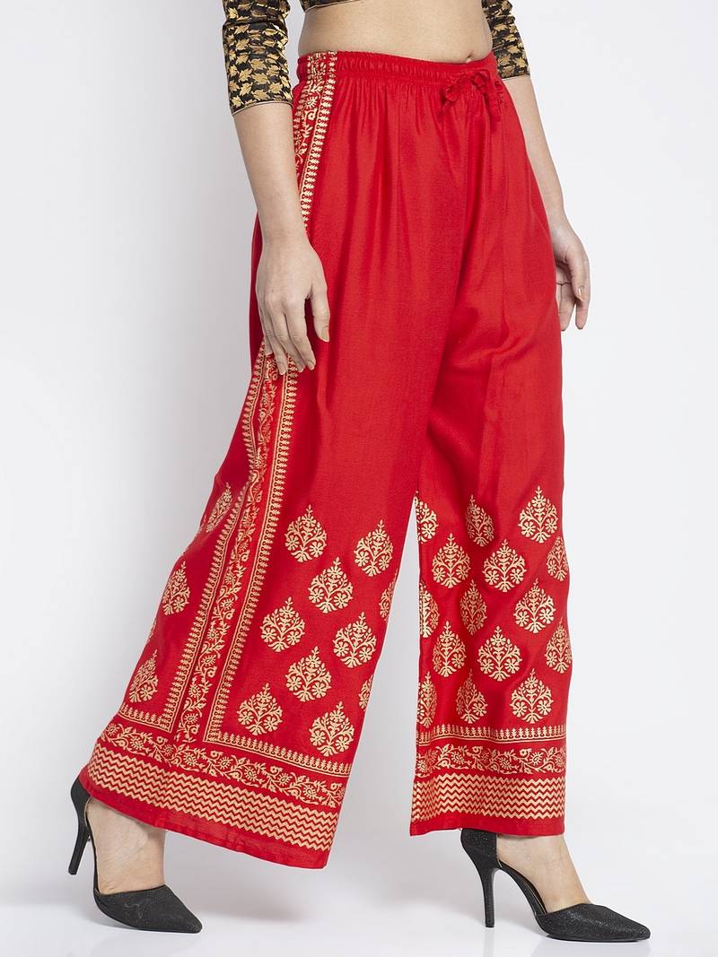 Women Flared Red Rayon Palazzo Pant Free Size