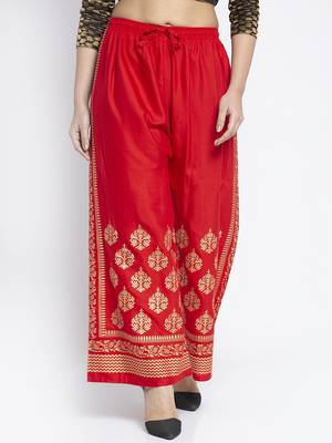 Women Flared Red Rayon Palazzo Pant Free Size 4