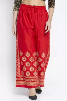 Women Flared Red Rayon Palazzo Pant Free Size