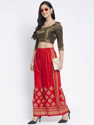 Women Flared Red Rayon Palazzo Pant Free Size 5