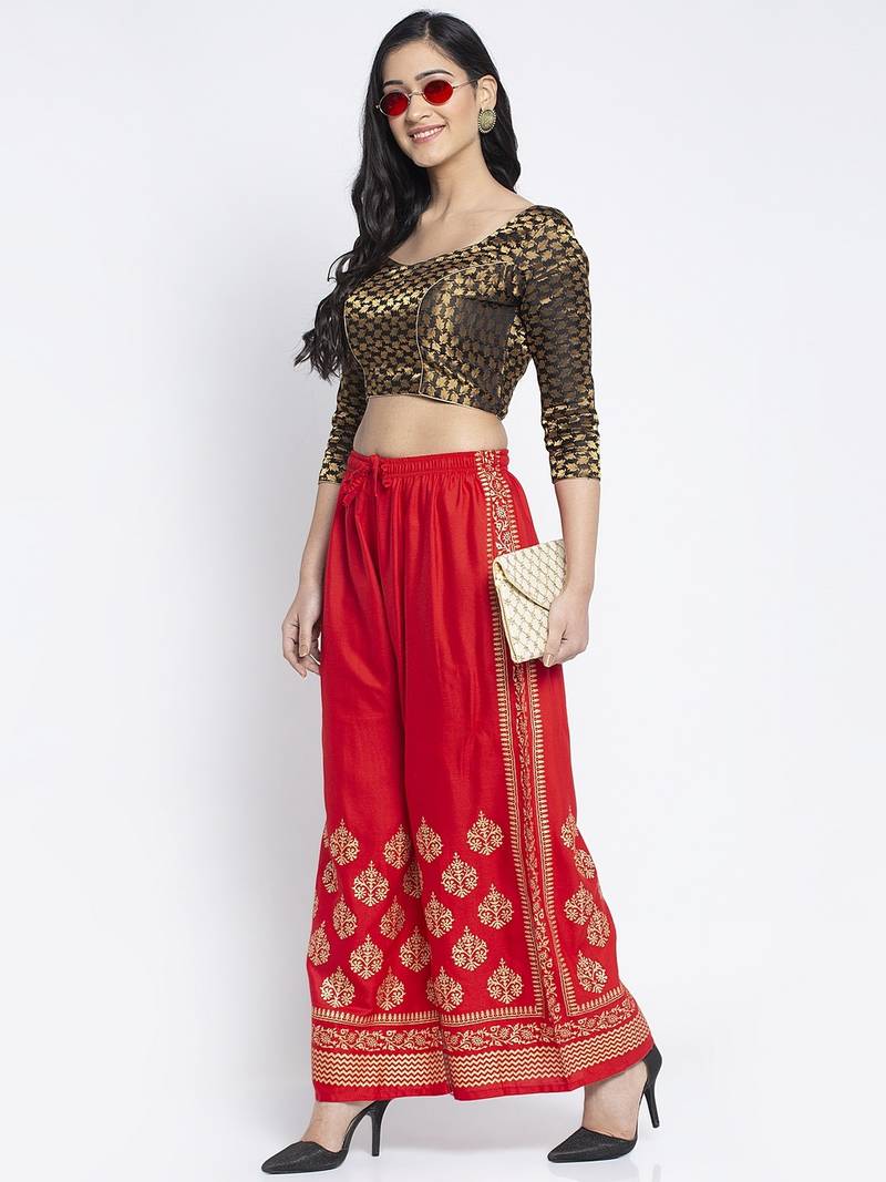 Women Flared Red Rayon Palazzo Pant Free Size