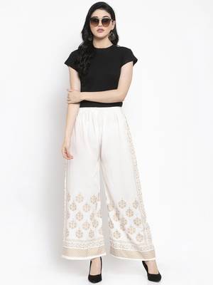 Women Flared White Rayon Palazzo Pant Free Size 4