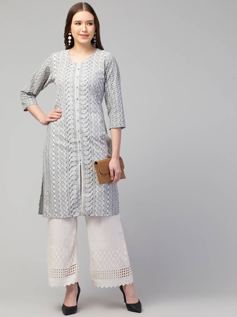Women Chikan Embroidery Cotton Lakhnawi Kurti  (Grey)