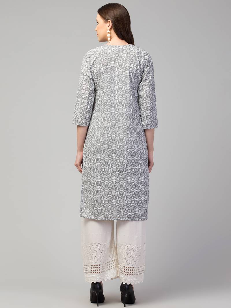 Women Chikan Embroidery Cotton Lakhnawi Kurti  (Grey)