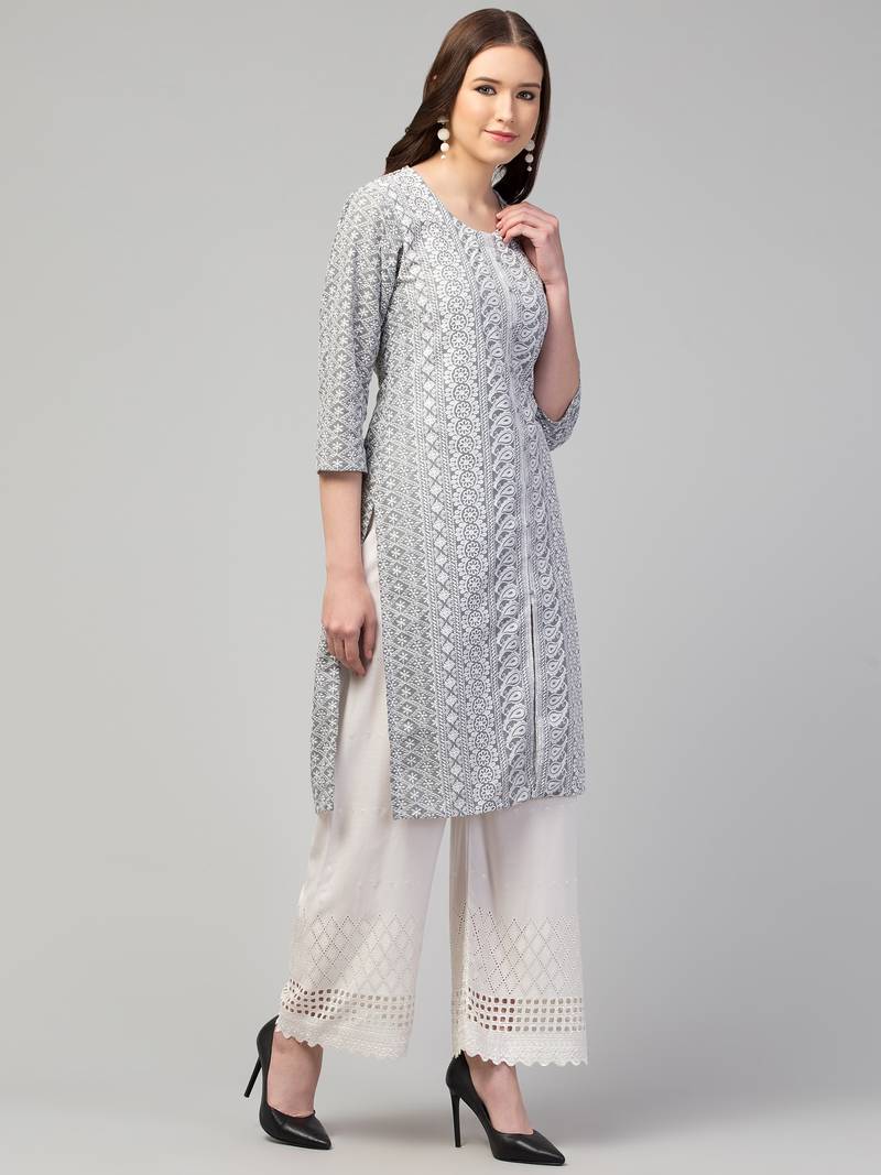 Women Chikan Embroidery Cotton Lakhnawi Kurti  (Grey)