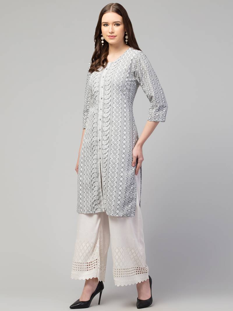 Women Chikan Embroidery Cotton Lakhnawi Kurti  (Grey)