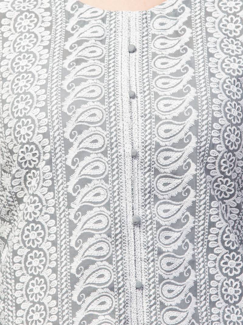 Women Chikan Embroidery Cotton Lakhnawi Kurti  (Grey)