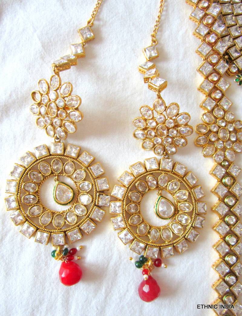 Red Green Crystal Bridal Dulhan Necklace Earring Set ETHNIC INDIA