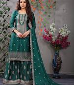 Sea Green color Chinnon Embroidered Work Palazzo Suit