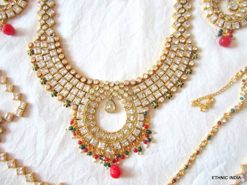 Red Green Crystal Bridal Dulhan Necklace Earring Set
