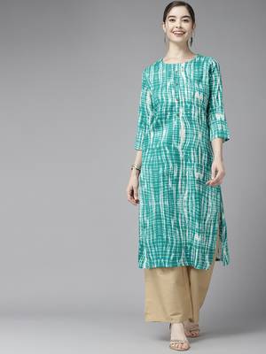 Turquoise printed cotton ethnic-kurtis 1
