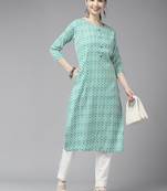 Turquoise printed cotton ethnic-kurtis