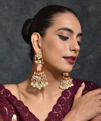 Red Gold Tone Kundan Earrings 1
