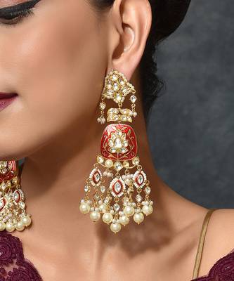 Red Gold Tone Kundan Earrings 3