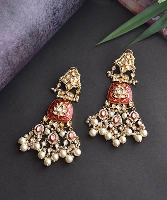 Red Gold Tone Kundan Earrings 4