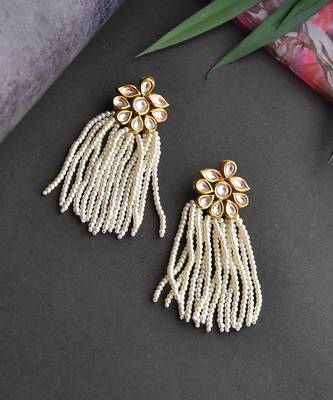 White Gold Tone Kundan Earrings With Pearls 5