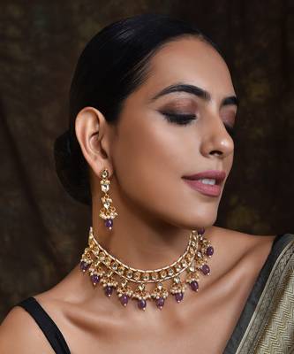 Purple Gold Tone Kundan Necklace Set 1