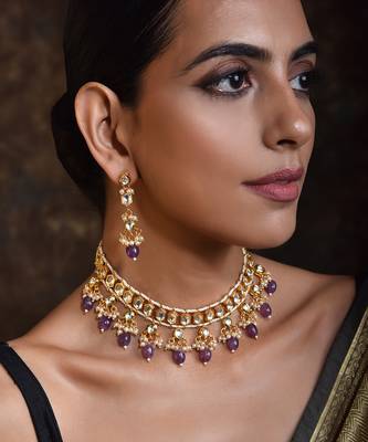 Purple Gold Tone Kundan Necklace Set 2