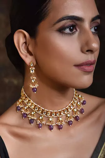 Purple Gold Tone Kundan Necklace Set