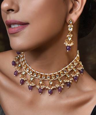 Purple Gold Tone Kundan Necklace Set 3