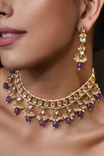 Purple Gold Tone Kundan Necklace Set